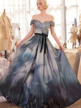NEW OFF SHOULDER SATIN BALL GOWN W/ FLORAL PRINT & SWEETHEART NECKLINE CD A1431